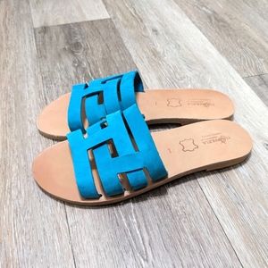 Emmanuela handmade slide sandals Greek Ithaca turquoise blue leather size 10